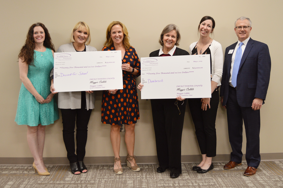 The Women’s Fund of Porter County awards their 2019 grants to Dunebrook Inc. and Dressed for School at their Annual Membership Meeting at the Porter County Community Foundation in Valparaiso.  (Left to right) Stephanie Jones (Women’s Fund of Porter County), Lisa Hauser (Dressed for School), Julie Douglas (Dressed for School), Jeanne Ann Cannon (Dunebrook, Inc.), Sara Hoyt (Dunebrook, Inc.) and Bill Higbie (Porter County Community Foundation).