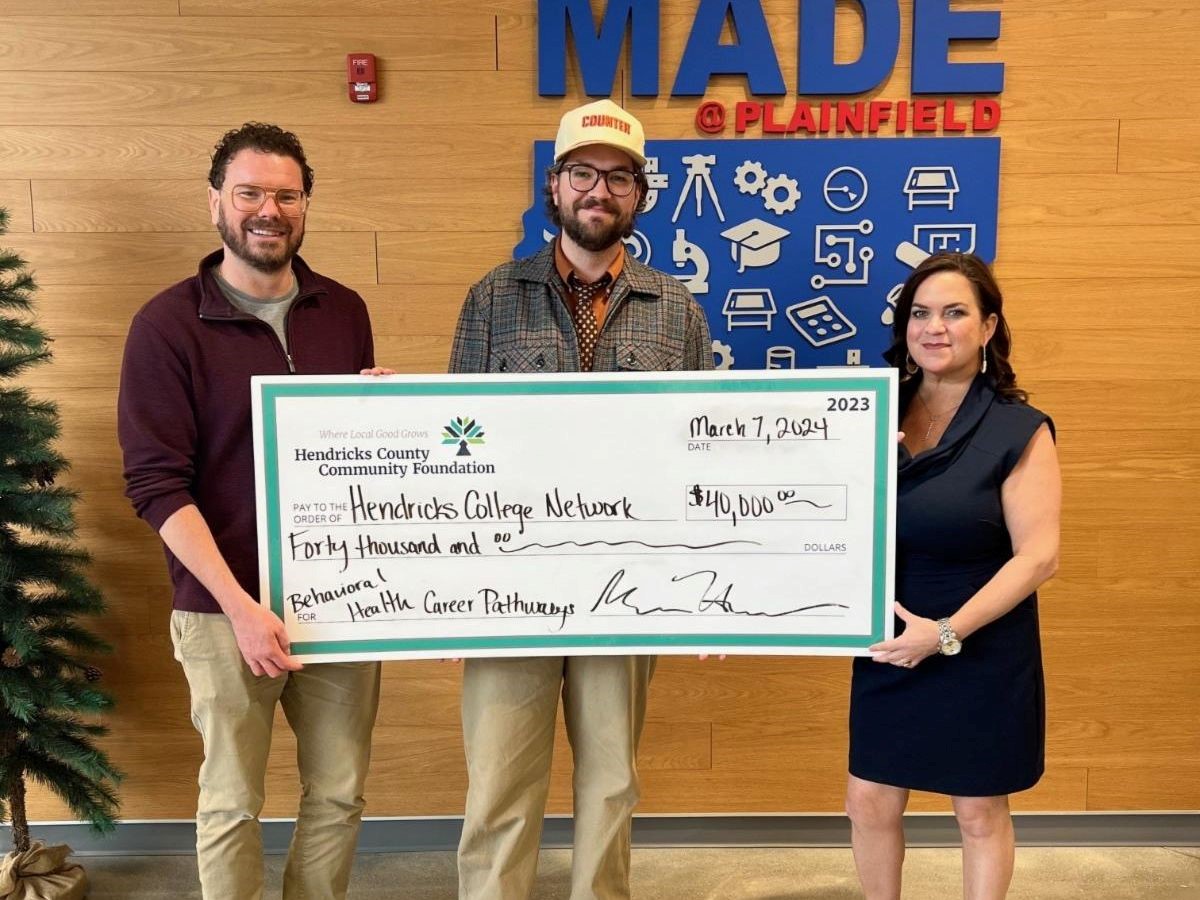 Eric Hessel of HCCF presents grant check to Chase Cotten, Co-President of the the Hendricks County Health Partnership and Brandy Perrill, Executive Director of Hendricks College Network.
